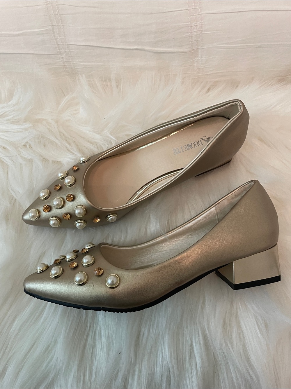 MWT Pearl Rhinestone -Stud Metallic Block Heel Pumps - Gold
